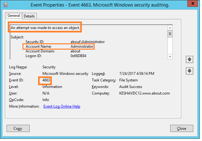 Event Viewer събитие 4663 за одит на достъп